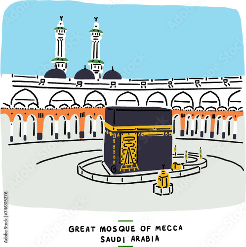 Great Mosque of Mecca the pilgrimage sites in Mecca Province of Saudi Arabia Hand drawn colour illustration photo