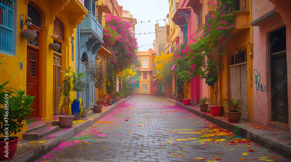 An empty street is bathed in the soft light of morning, its surface adorned with vibrant colors from the Holi festival, exuding a serene post-celebration atmosphere.  generative ai - obrazy, fototapety, plakaty 