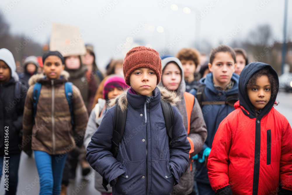 Group of diverse school children on a city street during a protest.