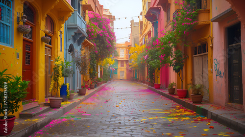 An empty street is bathed in the soft light of morning, its surface adorned with vibrant colors from the Holi festival, exuding a serene post-celebration atmosphere.  generative ai photo