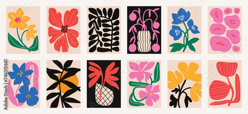 Flower doodle background vector set. Floral and leaves abstract shape doodle art design for print, wallpaper, clipart, wall art for home decoration.
