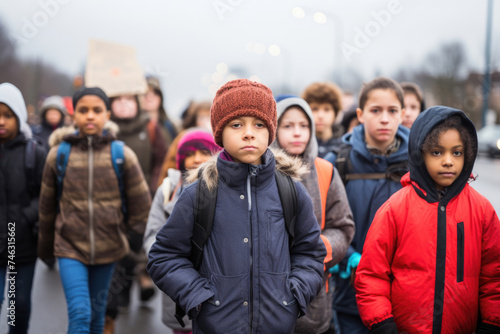 Group of diverse school children on a city street during a protest. © Julia Jones