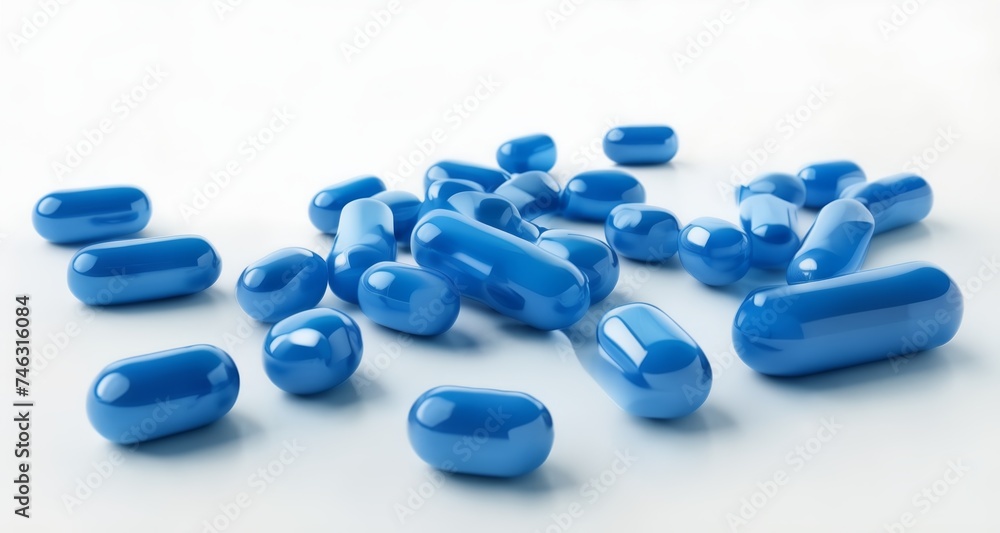 A collection of blue capsules on a white background A collection of blue capsules on a white background
