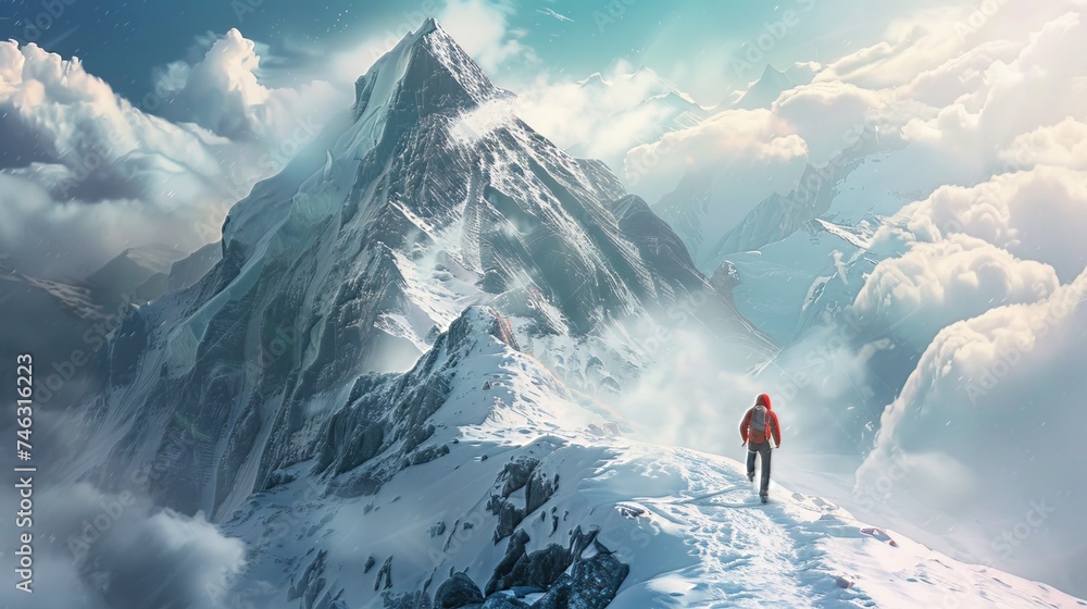 A climber is ascending towards the summit, navigating a mountain path surrounded by breathtaking views.