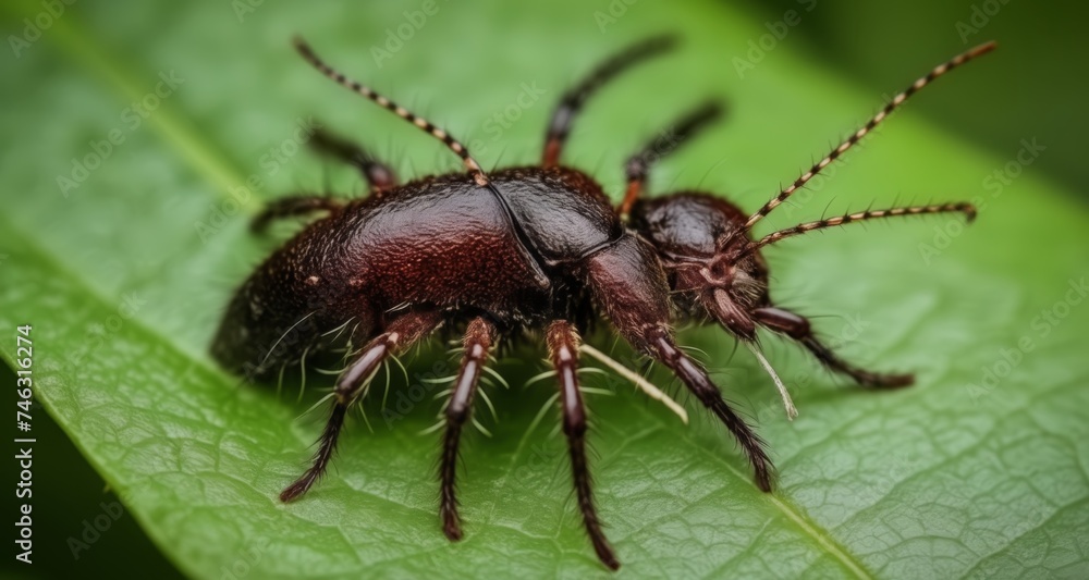 Close-up of a vibrant red and black insect on a green leaf Close-up of a vibrant red and black insect on a green leaf