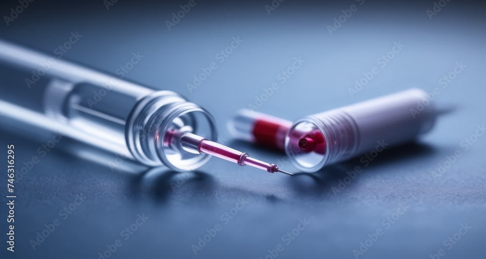 A single syringe with a small amount of red liquid, possibly a medication or a vaccine A single syringe with a small amount of red liquid, possibly a medication or a vaccine