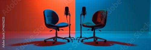 Two chairs and microphones interview room as a wide banner for media conversations or podcast concepts with copy space, with vibrant colours. Generative AI