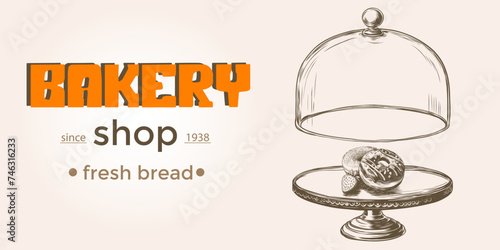 Vector hand drawn donut Illustrations. doughnut under glass lid. Sketch vintage engraving style. Design template. Retro background for bakery house, pastry shop, breakfast menu, package.