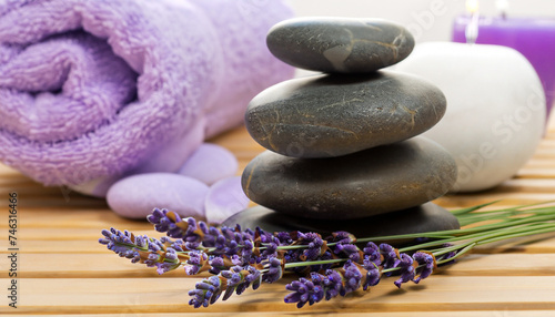 Spa still life with stack of stones and lavenders