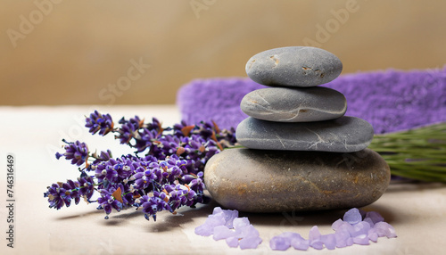 Spa still life with stack of stones and lavenders