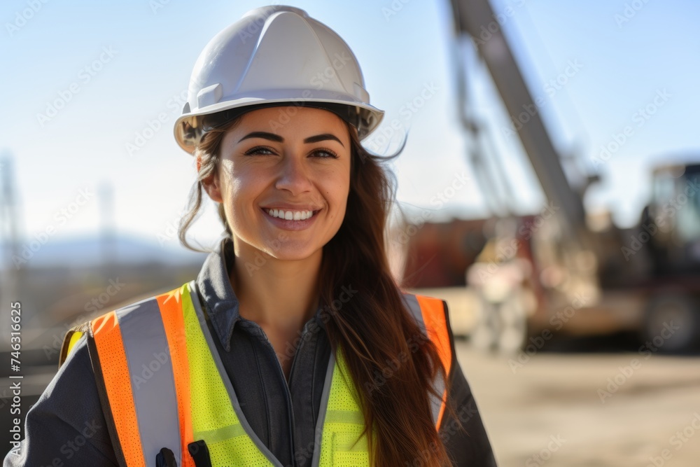 Female engineer with hard hat and reflective vest at construction site. Female engineer with hard hat and reflective vest at construction site.