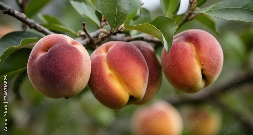 Ripe peaches hanging from tree branch, ready for harvest Ripe peaches hanging from tree branch, ready for harvest