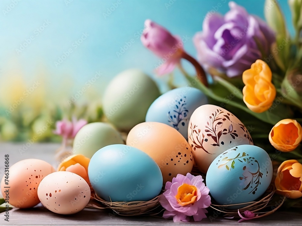Easter eggs on floral background. Easter eggs on floral background.