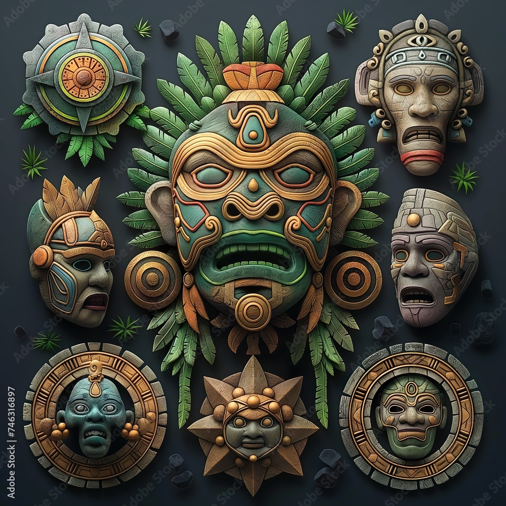 Stone Masks Of The Sacred Gods. Illustration On The Theme Of Civilizations And Computer Games, History And Archaeology. Generative AI