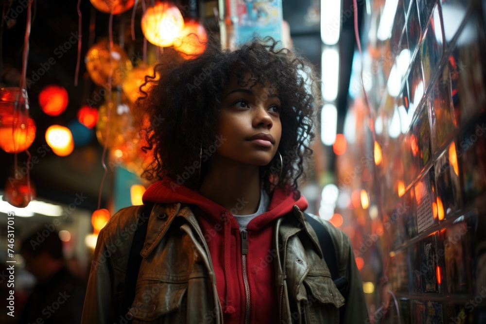 Young woman standing in front of colorful lanterns at night. Young woman standing in front of colorful lanterns at night.
