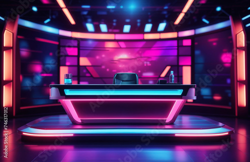 Modern tv game show studio set glowing with neon lights and futuristic design