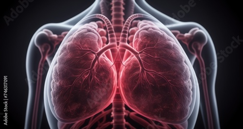  3D rendering of human lungs and heart, highlighting respiratory system