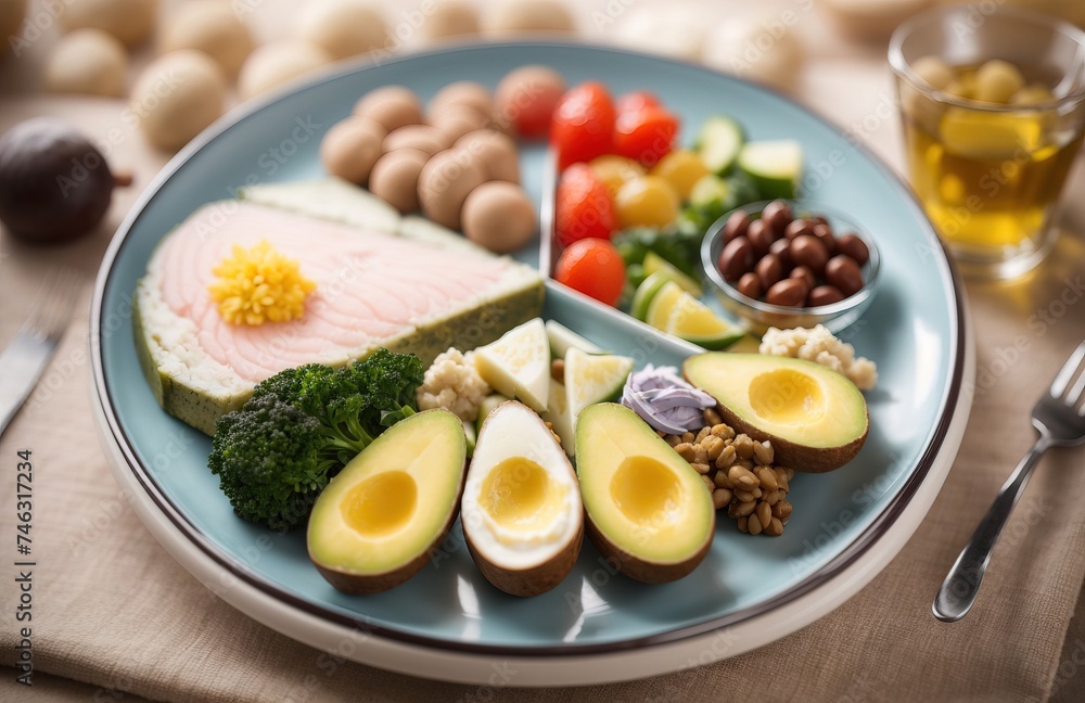 Balanced diet plate divided into sections that emphasizes the importance of the right types of fats