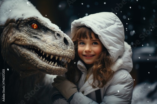 Young girl smiling next to dinosaur model. Winter season outdoor leisure concept. © Julia Jones