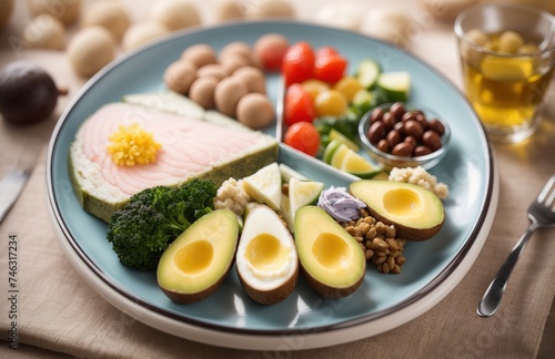 Balanced diet plate divided into sections that emphasizes the importance of the right types of fats