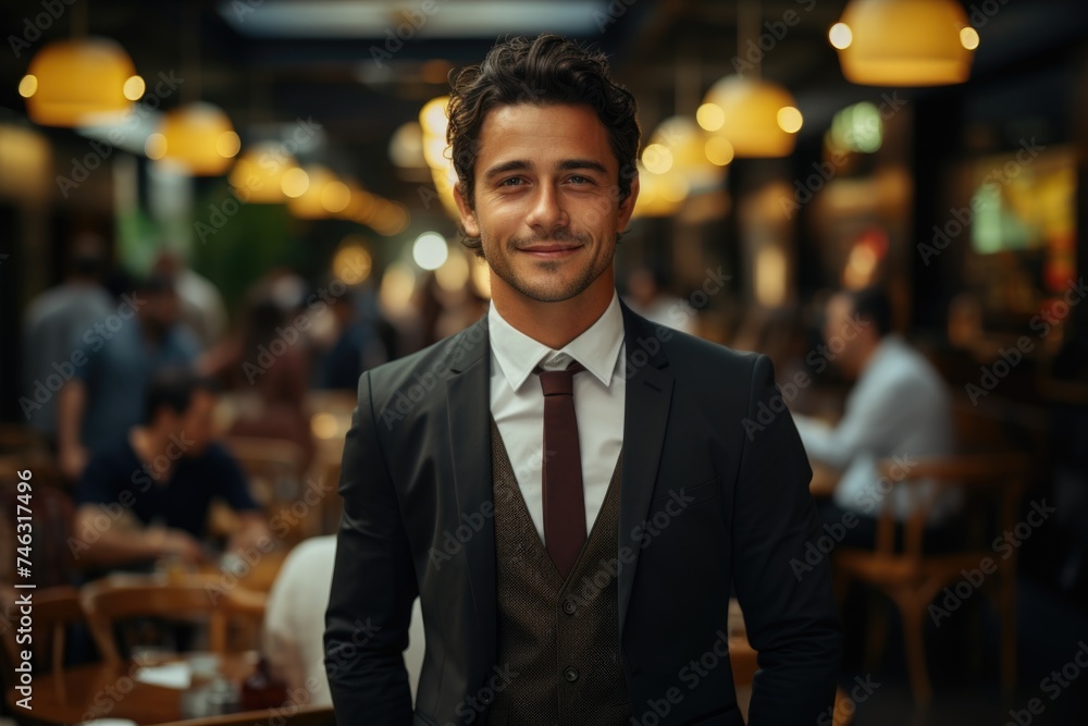 Confident businessman in blue suit standing in office environment. Confident businessman in blue suit standing in office environment.