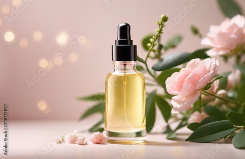 Skincare oil bottle presented on a pedestal with a botanical flower