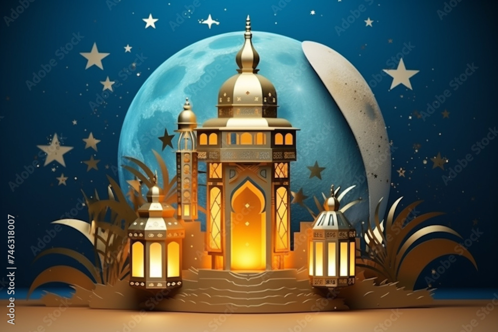 Fototapeta premium Banner consisting from traditional species accessories for celebration holiday Ramadan, Ai generated