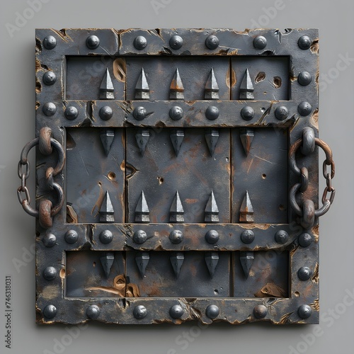 Metal Door With Forged Elements And Chains. Illustration On The Theme Of Objects And Elements, Details And Architecture, Computer Games And History. Generative AI 
