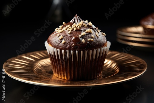 Chocolate cupcake with nuts on a golden plate.