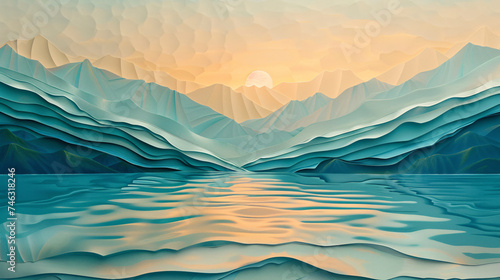 Paper art Lake with mountains background.