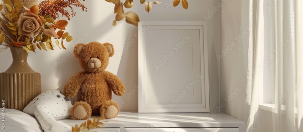 A teddy bear is seated beside a decorative vase filled with colorful flowers, positioned within a childrens ad design template featuring a white frame. The setting exudes a playful and whimsical charm