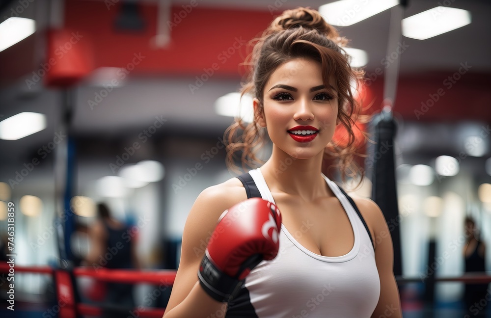 Strong woman practicing boxing in a gym