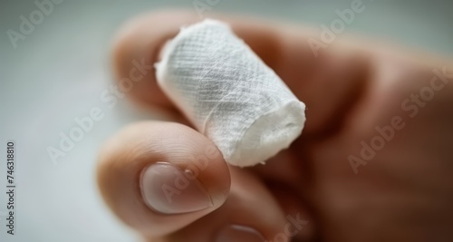  Hand holding a small white object, possibly a pill or a small piece of paper