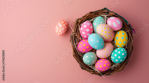 Colorful easter eggs in a wicker basket on the soft pink background photo