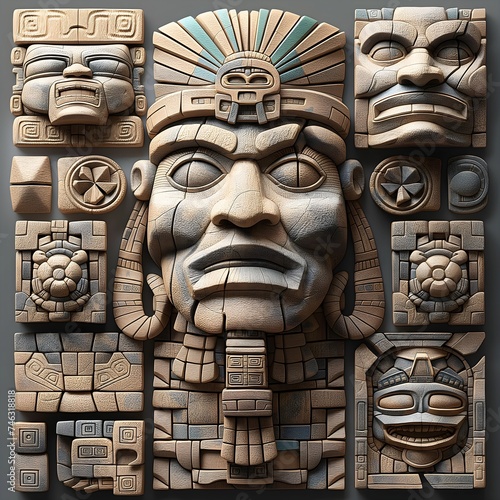 Stone Sculpture And Bas-Reliefs Of The Ancient People. Illustration On The Theme Of Civilizations And Computer Games, History And Archaeology. Generative AI