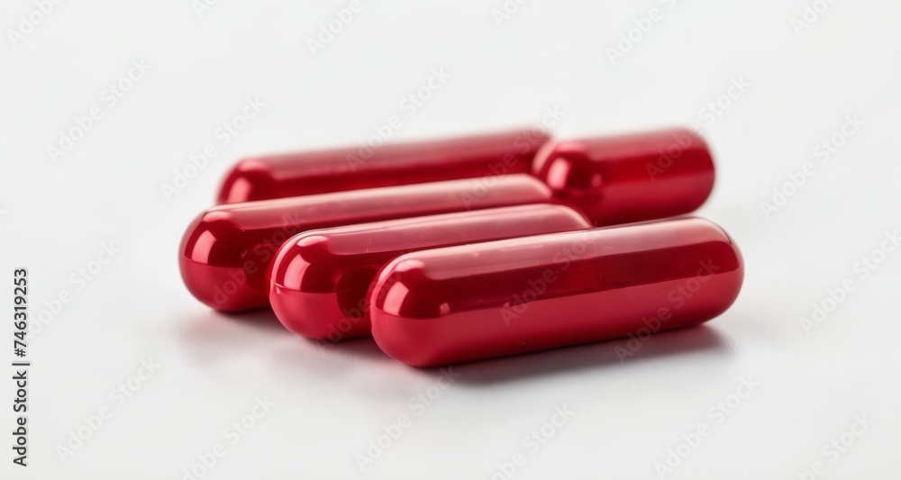 Vibrant red capsules against a white background Vibrant red capsules against a white background