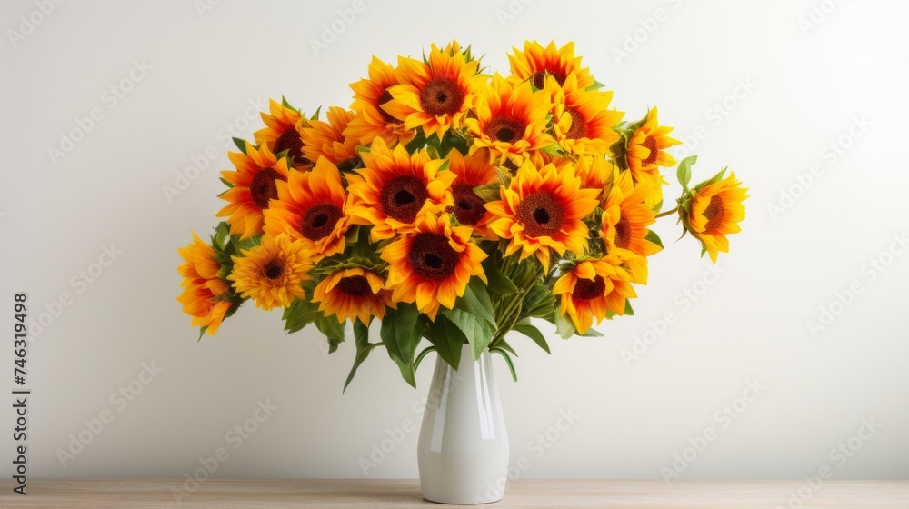 A bouquet of vibrant sunflowers in a vase on a solid white background. A bouquet of vibrant sunflowers in a vase on a solid white background.