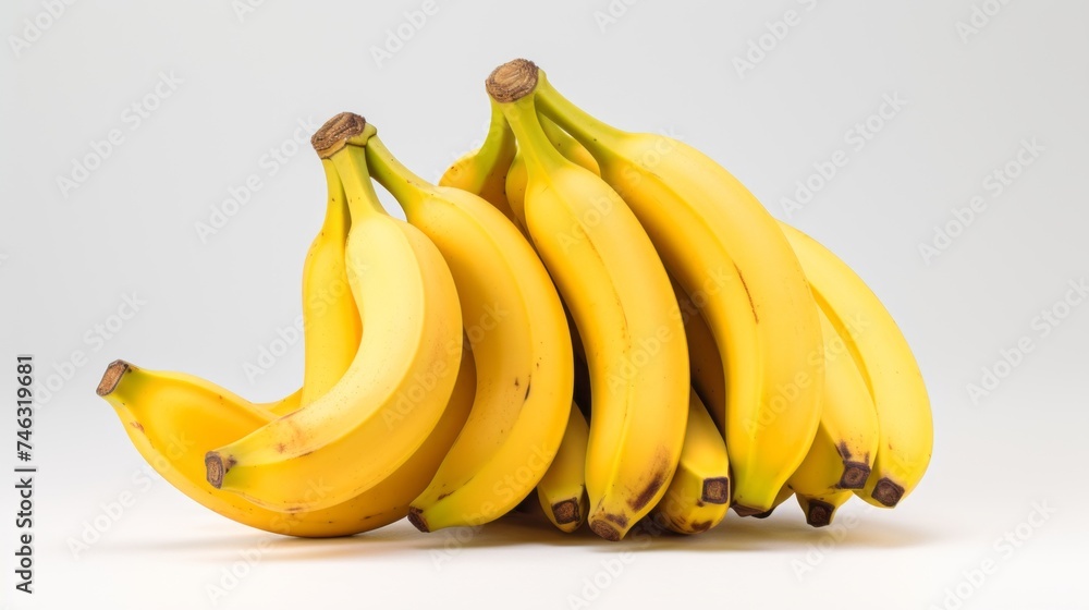 A bunch of ripe bananas on a solid white background.
