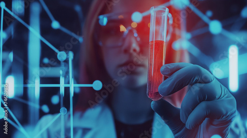 scientist holding medical testing tubes or vials of medical pharmaceutical research with blood cells and virus cure using DNA genome sequencing biotechnology 