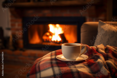 Mug with hot tea standing on a chair with woolen blanket in a cozy living room with fireplace