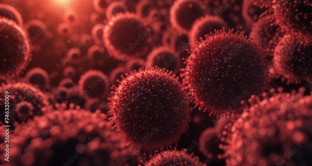 Close-up of a cluster of red spherical objects, possibly bacteria or cells, with a blurred background Close-up of a cluster of red spherical objects, possibly bacteria or cells, with a blurred background