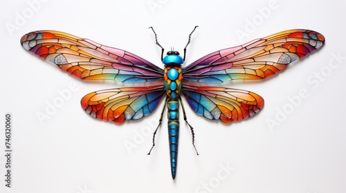 A colorful dragonfly with intricate wings on a solid white surface