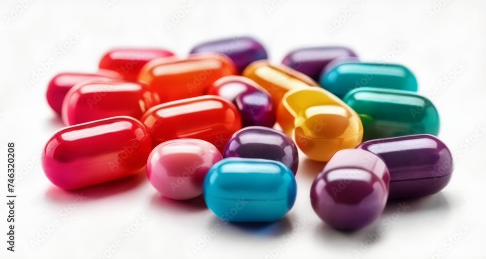 Vibrant pill capsules in a rainbow of colors Vibrant pill capsules in a rainbow of colors