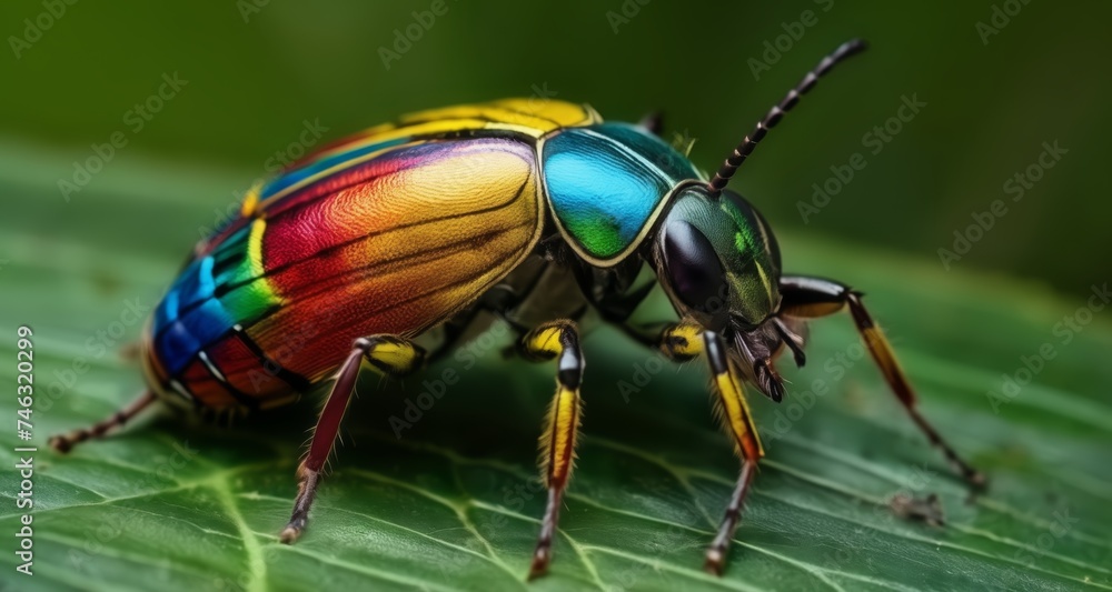 Naklejka premium Rainbow-colored beetle on a leafy green background