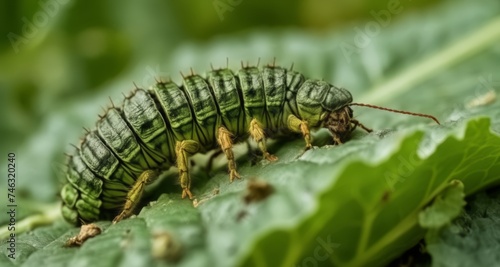  Vibrant green caterpillar on leafy green background © vivekFx