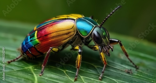  Rainbow-colored beetle on a leafy green background