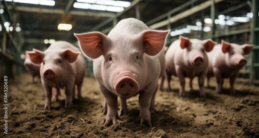 A herd of pigs in a barn, ready for the day's work A herd of pigs in a barn, ready for the day's work