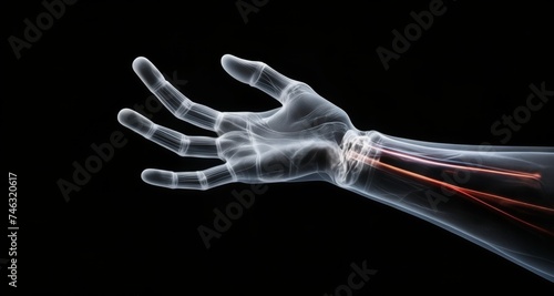  A human hand in a medical X-ray, showing bones and joints