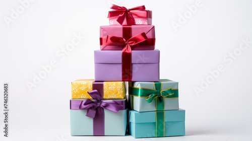 A stack of colorful gift-wrapped presents on a solid white surface