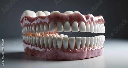  A close-up of a set of teeth, possibly dentures, with a pinkish hue